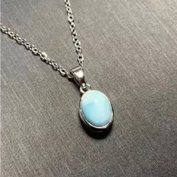 Simple Oval Larimar Pendant Sterling Silver Necklace New - Picture 1 of 9